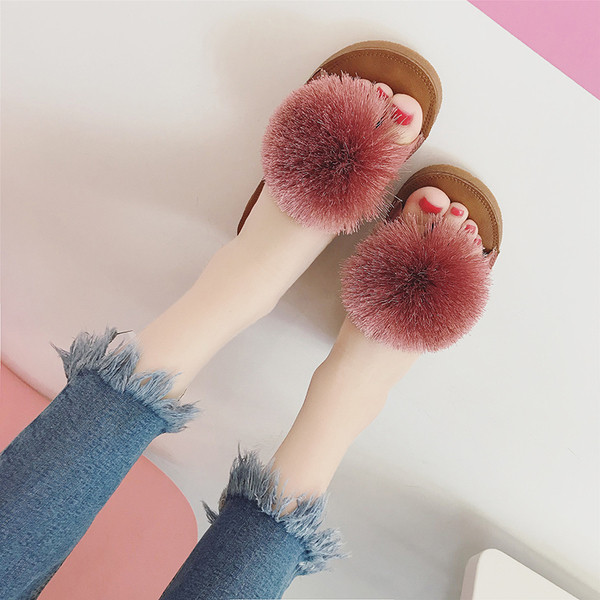 Papuci casual dama cu puf mare in trei culori