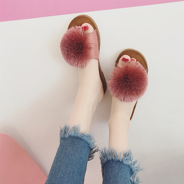 Papuci casual dama cu puf mare in trei culori