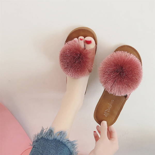 Papuci casual dama cu puf mare in trei culori