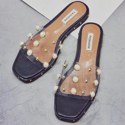 Papuci casual dama transparenti cu perle