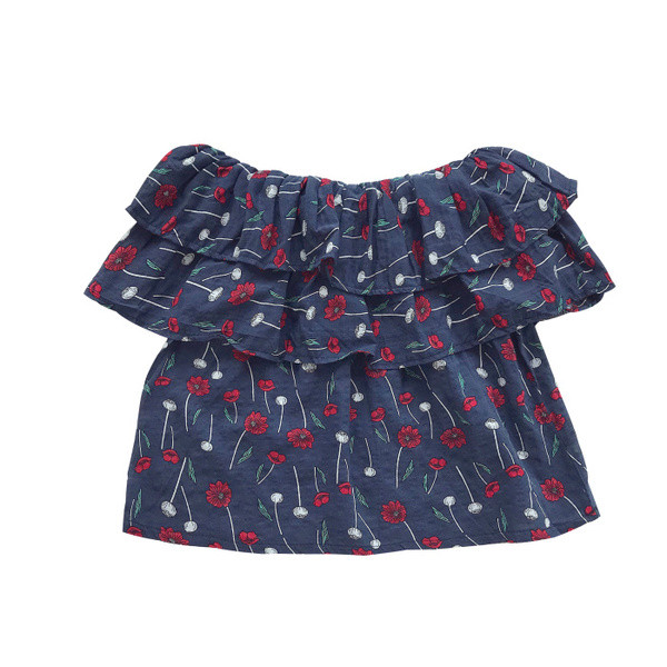 Καλοκαιρινή γυναικεία μπλούζα με πεσμένους ώμους σε μωβ μοτίβα