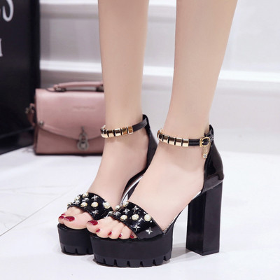 Sandale de dama moderne cu toc inalt si pietre in negru si crem