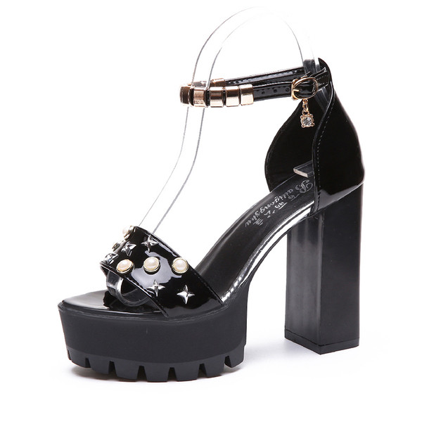 Sandale de dama moderne cu toc inalt si pietre in negru si crem