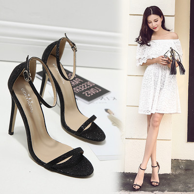 Sandale de dama elegante cu toc inalt auriu si negru