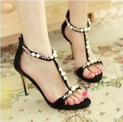 Sandale de dama elegante cu perle si toc subtire