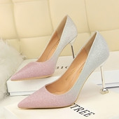  Лъскави дамски обувки на висок ток  в преливащи цветове 