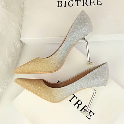  Лъскави дамски обувки на висок ток  в преливащи цветове 