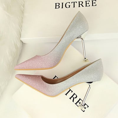  Лъскави дамски обувки на висок ток  в преливащи цветове 