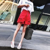 Модерни къси дамски дънки в червен, черен и бял цвят