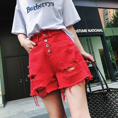 Модерни къси дамски дънки в червен, черен и бял цвят