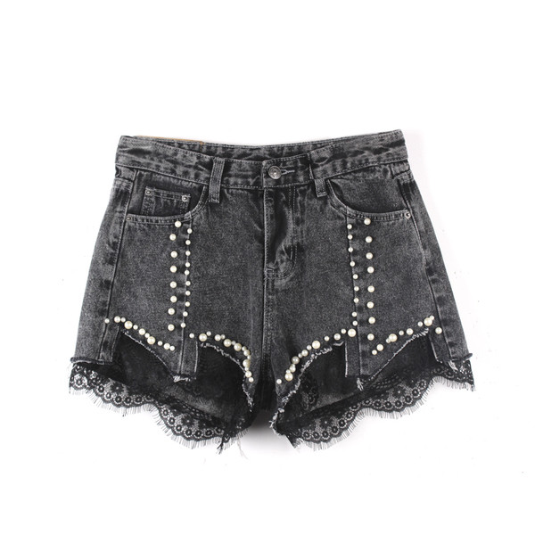Дамски ефектни къси дънки с перли с дантела 
