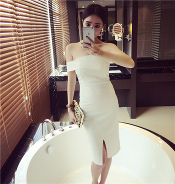 Κομψό φόρεμα με σχισμή και ανοιχτούς ώμους σε διάφορα χρώματα