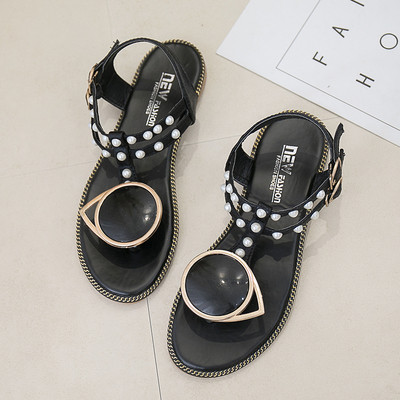 Модерни дамски сандали с метална декорация и перли в два цвята