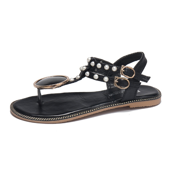 Модерни дамски сандали с метална декорация и перли в два цвята