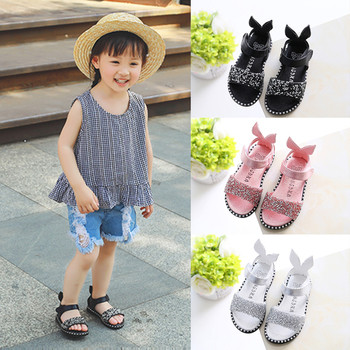 Модерни детски сандали за момичета с камъни декорация в черен, бял и розов цвят