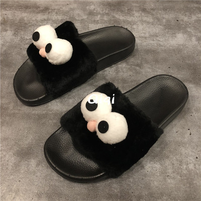 Papuci de damă cu puf și decor 3D în trei culori