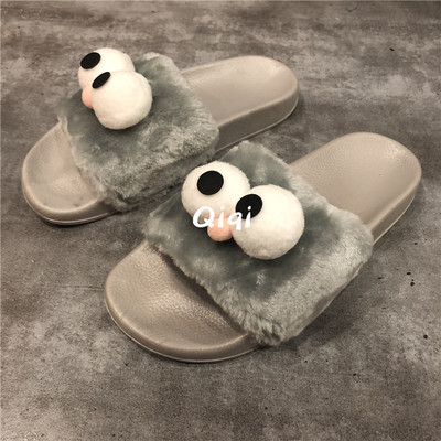 Papuci de damă cu puf și decor 3D în trei culori