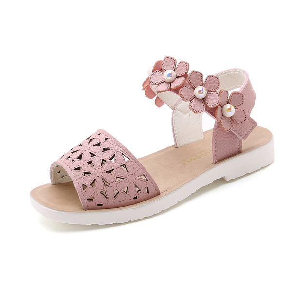 Sandale copii pentru fete cu motive florale si perle in alb si roz