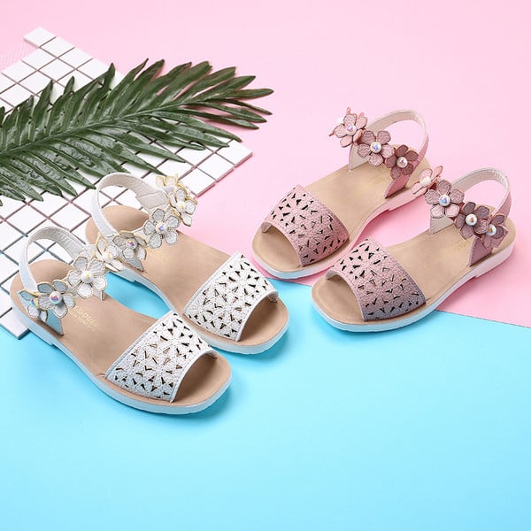 Sandale copii pentru fete cu motive florale si perle in alb si roz
