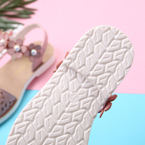 Sandale copii pentru fete cu motive florale si perle in alb si roz