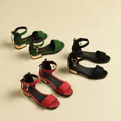 Модерни детски сандали за момичета с нисък ток в черен, тъмнозелен и червен цвят