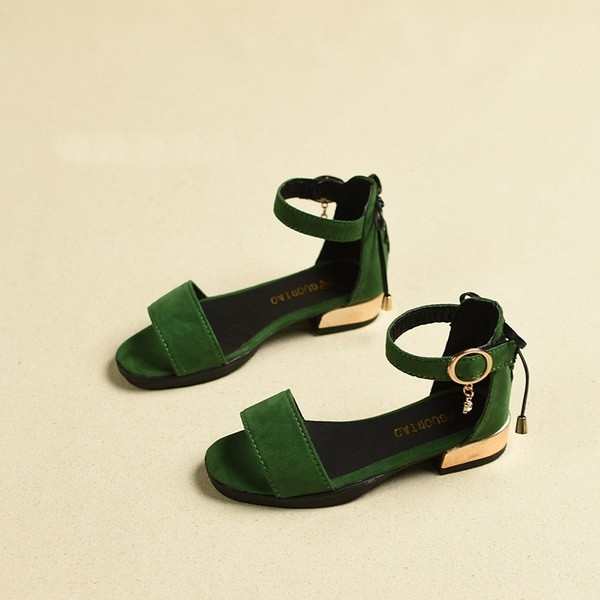 Модерни детски сандали за момичета с нисък ток в черен, тъмнозелен и червен цвят