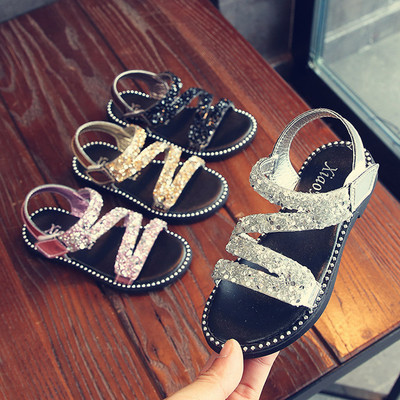 Модерни детски сандали за момичета с декоративни камъни в черен, розов, златист и сребрист цвят