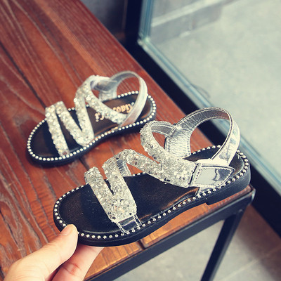 Sandale moderne pentru copii pentru fete cu pietre decorative în negru, roz, auriu și argintiu