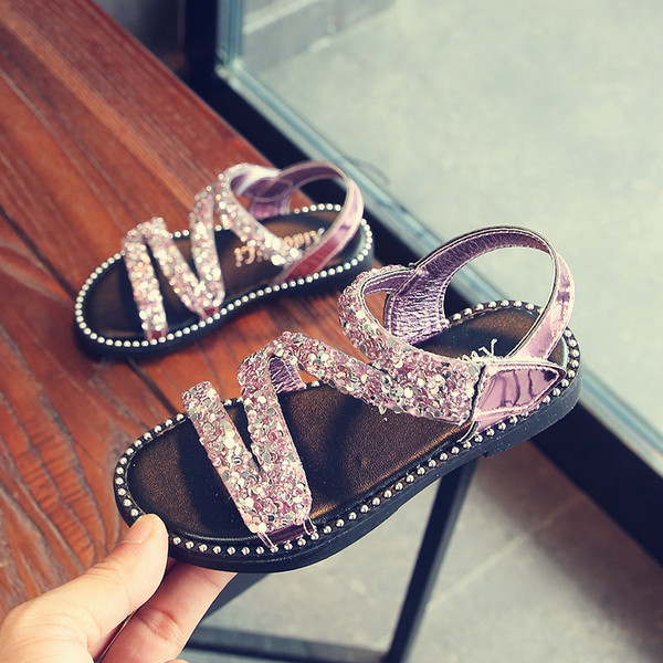 Sandale moderne pentru copii pentru fete cu pietre decorative în negru, roz, auriu și argintiu