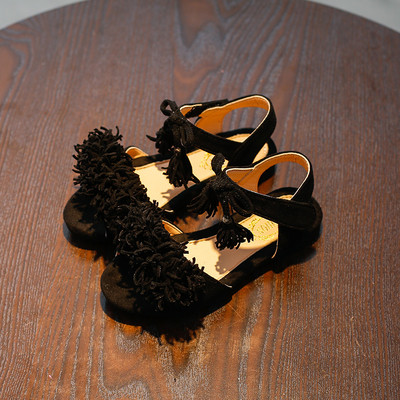 Sandale copii pentru fete cu franjuri in negru si rosu