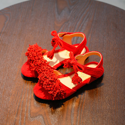 Sandale copii pentru fete cu franjuri in negru si rosu