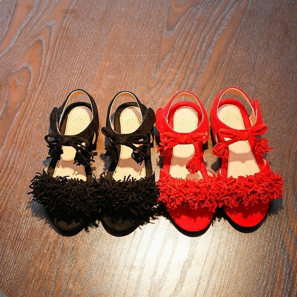 Sandale copii pentru fete cu franjuri in negru si rosu