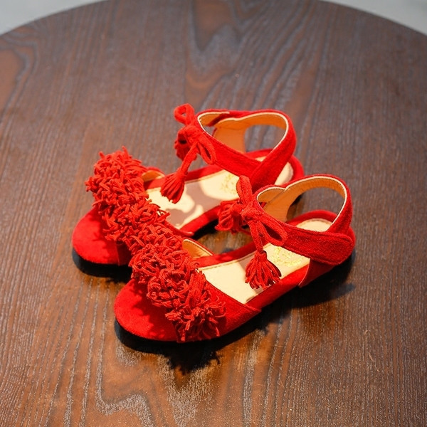 Sandale copii pentru fete cu franjuri in negru si rosu