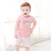 Set copii pentru fete si baieti - Tricou cu imprimeu si pantaloni scurti in dungi