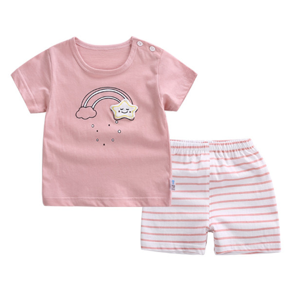 Set copii pentru fete si baieti - Tricou cu imprimeu si pantaloni scurti in dungi