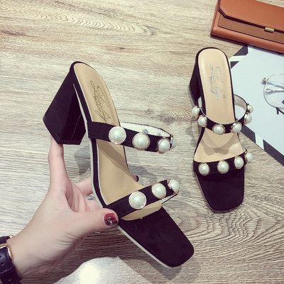 Papuci de dama in trei culori cu perle pe tocuri joase