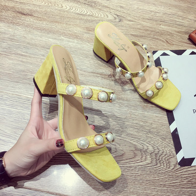 Papuci de dama in trei culori cu perle pe tocuri joase