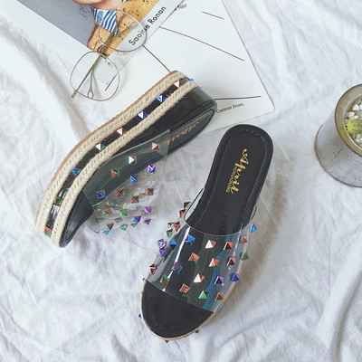 Papuci de dama transparenti cu platforma in doua culori