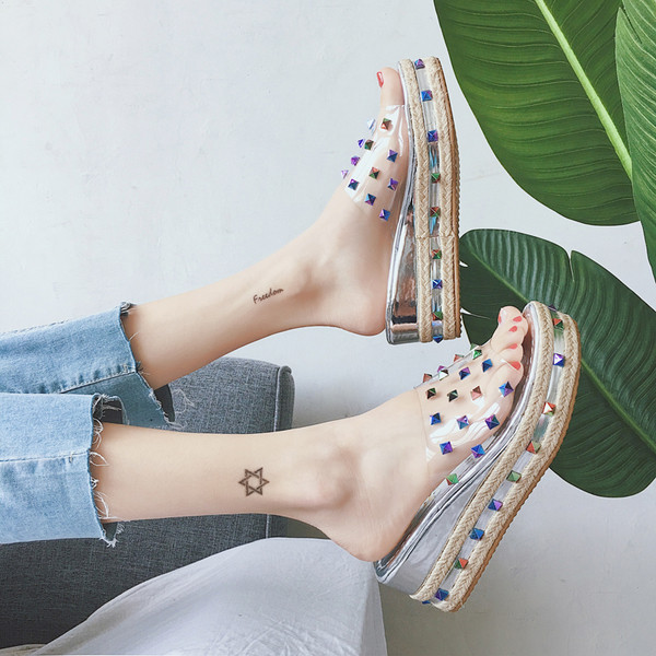 Papuci de dama transparenti cu platforma in doua culori