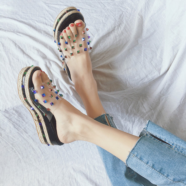 Papuci de dama transparenti cu platforma in doua culori