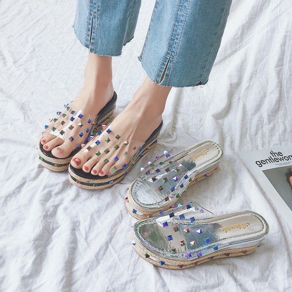 Papuci de dama transparenti cu platforma in doua culori