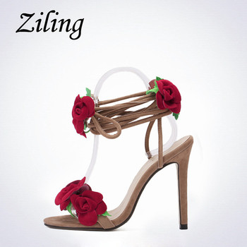 НОВИ стилни дамски сандали с 11 см висок ток и декорация рози