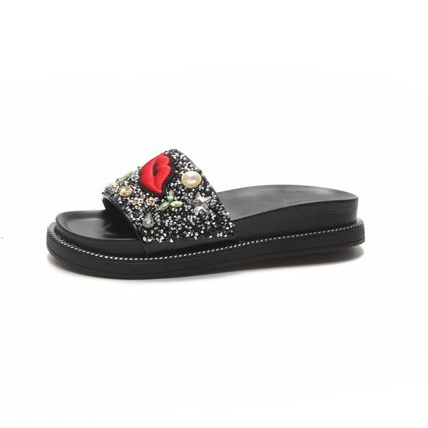 Papuci casual de dama cu pietre si broderie in alb si negru