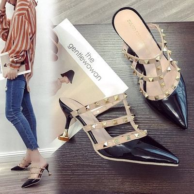 Модерни заострени дамски чехли на ток в няколко цвята