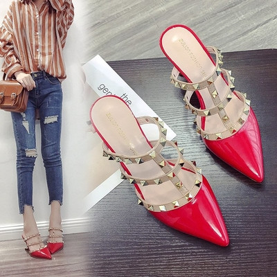 Модерни заострени дамски чехли на ток в няколко цвята