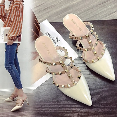 Модерни заострени дамски чехли на ток в няколко цвята