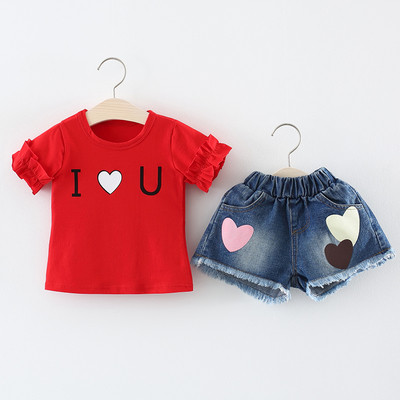 Детски ежедневен комплект за момичета - тениска с надпис и къси дънкови панталони с щампа