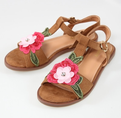 Sandale casual dama din piele ecologica cu broderie florala si talpa plata