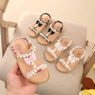 Детски модерни сандали за момичета с шарки и декорация перли в три цвята