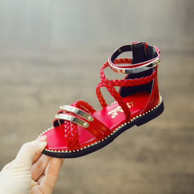 Παιδικά σανδάλια για κορίτσια με επίπεδη σόλα σε μαύρο, κόκκινο και λευκό χρώμα